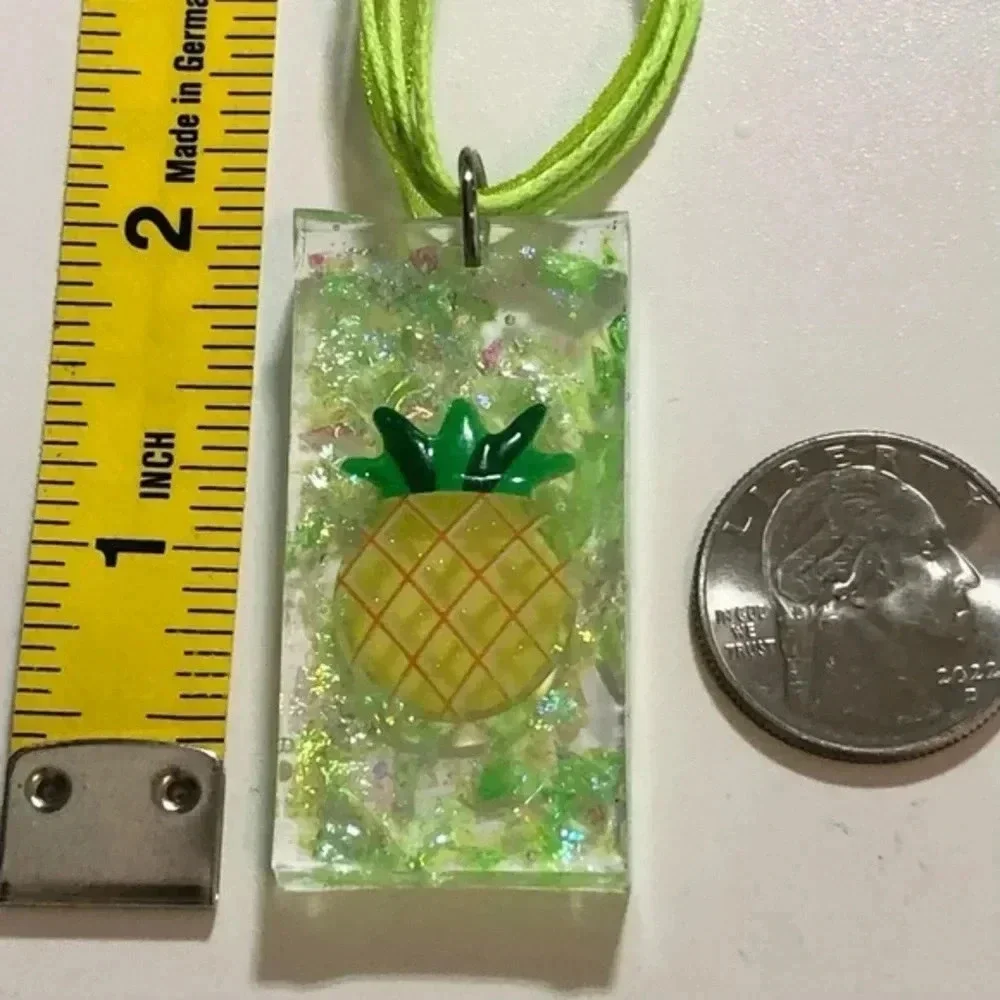 Pineapple Green Yellow Glitter Resin Taffeta Ribbon Necklace Handmade New NWT